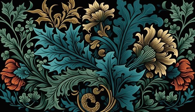 Generative ai floral padrão colorido william morris inspirou plantas naturais e fundo de flores