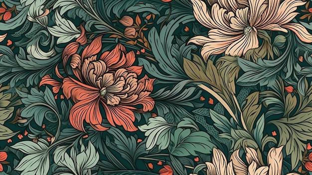 Generative AI Floral padrão colorido William Morris inspirou plantas naturais e fundo de flores