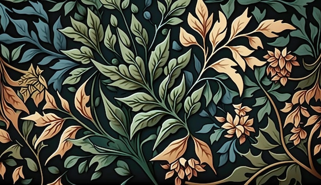 Generative AI Floral padrão colorido William Morris inspirou plantas naturais e fundo de flores