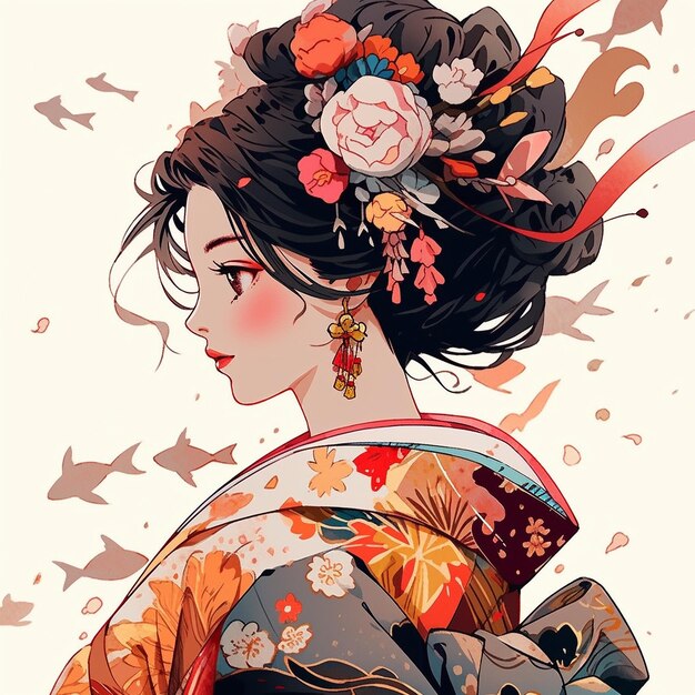 Generative Ai Geisha in Kimono mit Regenschirm Frühlingsblumen