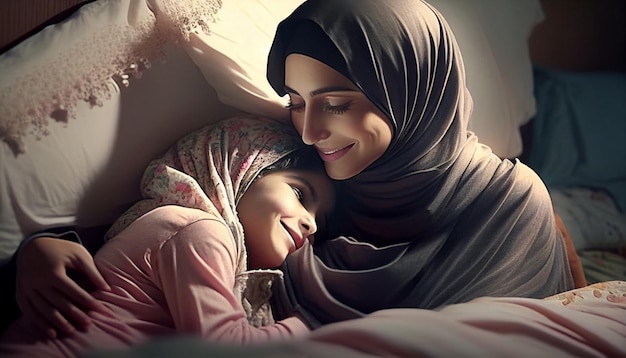 Foto generative ai glückliche muslimische mutter, die mit ihrer tochter auf dem bett kuschelt