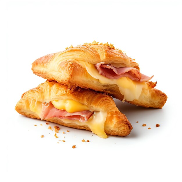 Generative AI Golden Baked Ham e Cheese Croissants em um fundo branco