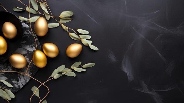 Generative AI Golden Easter eggs com flores em um fundo de mármore preto Copiando o espaço Vista de cima da composição flatlay Ilustração horizontal