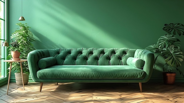 Generative AI Grünes Sofa mit Tisch auf grüner Wand und Holzboden3d-Rendering