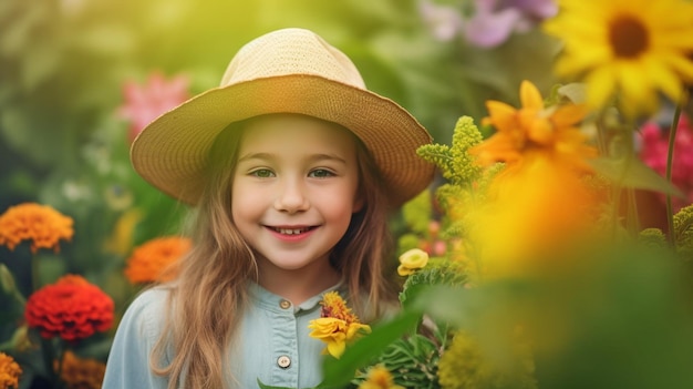 Generative AI Happy Girl mit Gartenblumen und Pflanzen auf sonnigem Hintergrund