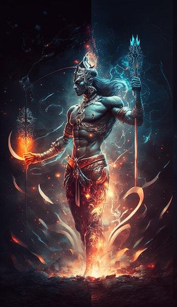 Generative AI Hindu-Gott Shiva Bunter indischer Hindu-Gott Shiva Hand hält Dreizack Gott Shiva epische Pose mit Trishula-Magie in der Hand für T-Shirt-Druckplakat Hinduistische religiöse Kunst