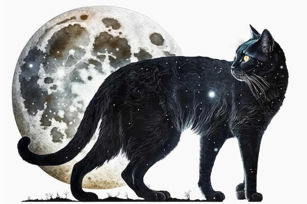 Generative AI Illustration einer schwarzen Katze vor Vollmond