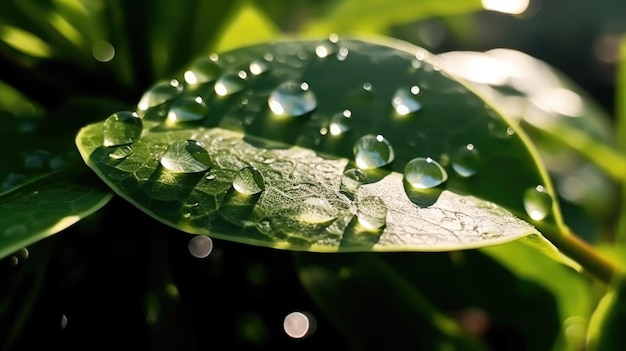 Generative Ai-Illustration von Schönen Wassertropfen, die in der Sonne auf Blättern im Sonnenlicht funkeln