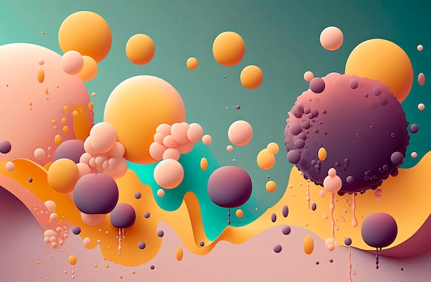Generative AI-Ilustracion Abstrakte flüssige Flüssigkeit kreist pastellfarbenen Hintergrund mit Kopierraum 3D-Kugelform in Pastellfarben