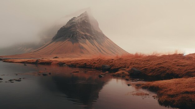 Generative AI Island schöne neblige wilde Landschaft mit Bergen ästhetische gedämpfte Farben