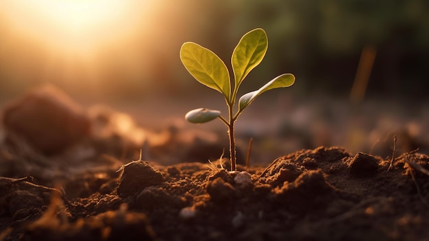 Generative AI Junge Pflanze, die im Sonnenlicht aus dem Boden wächst, makro fotorealistische Illustration