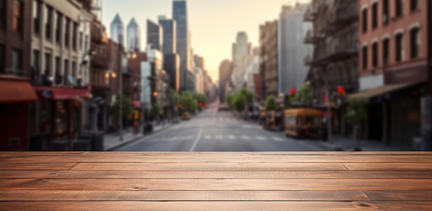 Foto generative ai leere hölzerne tischplatte mit verschwommenem hintergrund einer belebten straße in einer großstadt