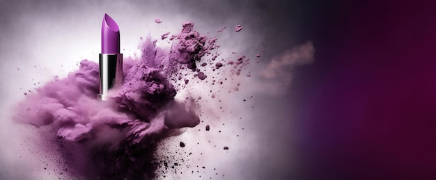 Generative AI Lila Lippenstiftpulver spritzt und raucht auf violettem Hintergrund