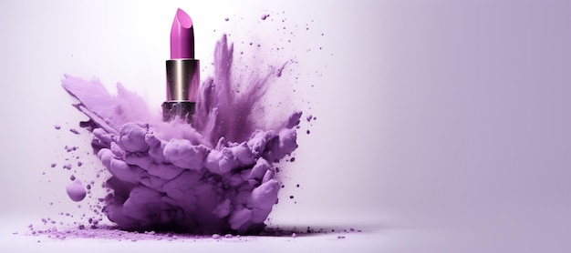 Foto generative ai lila lippenstiftpulver spritzt und raucht auf violettem hintergrund