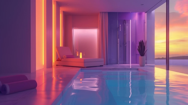Generative AI Lounge Spa-Salonraum in Neonfarben Chromotherapie entspannendes Interieur