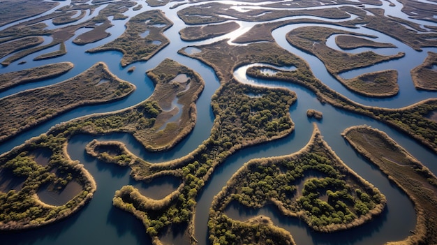 Generative AI-Luftansicht von labyrinthischen Wasserstraßen Drohnenfoto schöne Landschaft