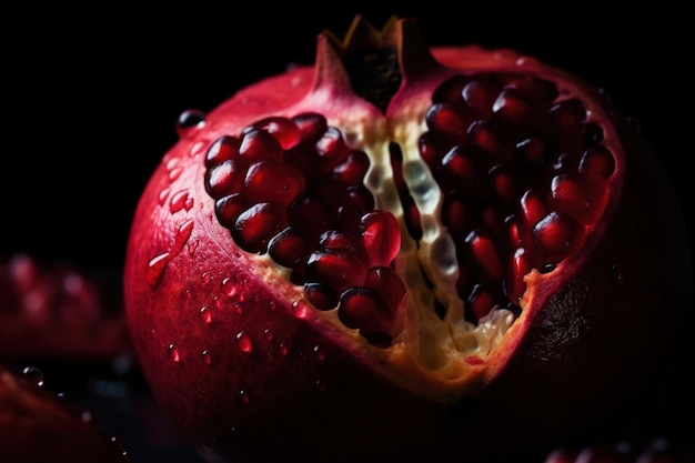 Generative AI Macro Fresh Juicy metade do fundo da fruta romã Foto aproximada