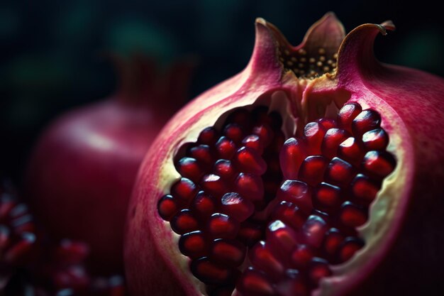 Generative AI Macro Fresh Juicy metade do fundo da fruta romã Foto aproximada