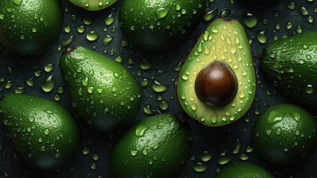 Foto generative ai macro fresh juicy metade e todo de fundo de fruta verde abacate como padrão