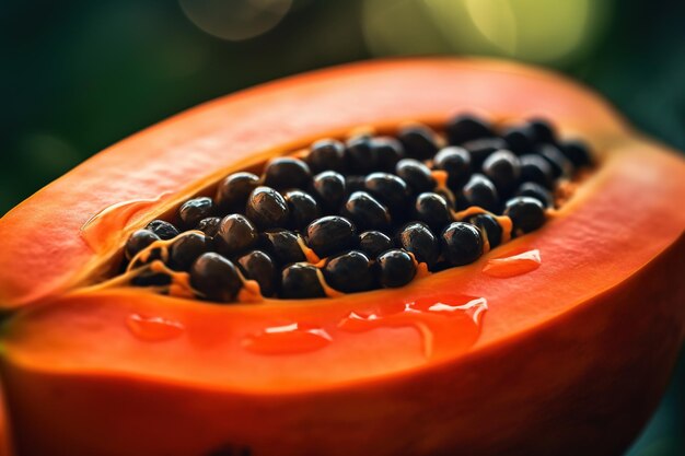 Generative AI Macro Fresh metade do fundo da fruta da papaia Foto exótica tropical do close up com gotas