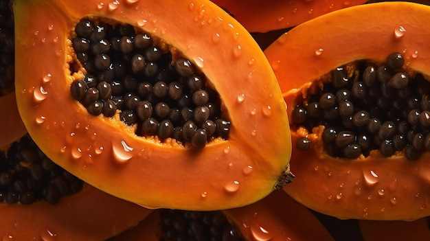 Generative AI Macro Fresh metade do fundo da fruta da papaia Foto exótica tropical do close up com gotas