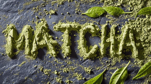 Generative AI Matcha-Teepulver mit dem Wort Matcha traditionelles japanisches heißes Getränk x9xA