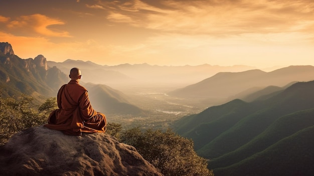 Generative AI Monge mestre budista meditando nas montanhas