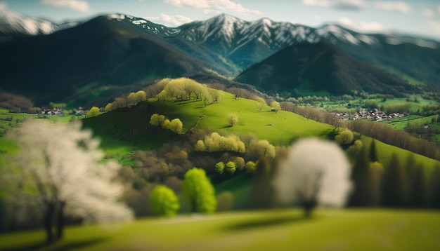 Generative AI Mountains frühlingsgrüne Landschaft beherbergt Bäume Straße schöne Landschaft