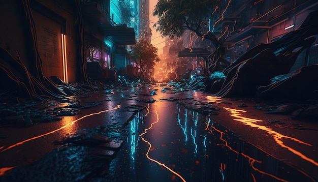 Generative AI Nachtszene von After Rain City im futuristischen nostalgischen Cyberpunk-Stil der 80er 90er Jahre