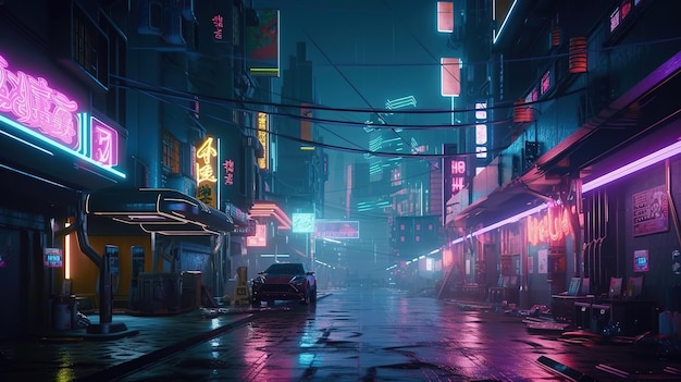 Generative AI Nachtszene von After Rain City im futuristischen nostalgischen Cyberpunk-Stil der 80er 90er Jahre