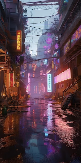 Generative AI Nachtszene von After Rain City im futuristischen nostalgischen Cyberpunk-Stil der 80er 90er Jahre