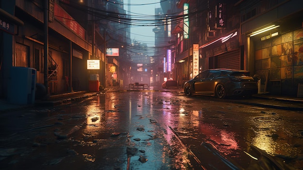 Generative AI Nachtszene von After Rain City im futuristischen nostalgischen Cyberpunk-Stil der 80er 90er Jahre