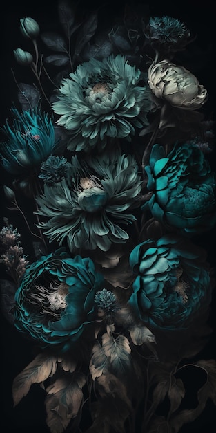 Generative AI Nahaufnahme blühender Blumenbeete mit erstaunlichen blaugrünen Blumen auf dunklem, stimmungsvollem Blumenmuster