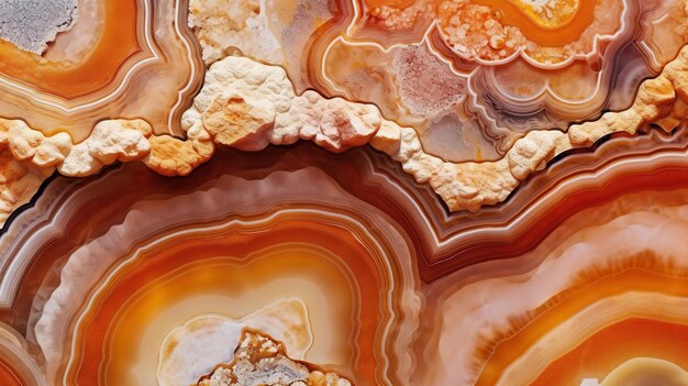 Generative AI natürliche vulkanische Achatsteine, Nahaufnahme von hellorangefarbenem Aprikosen-Crush und goldener Textur