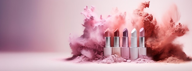 Generative AI Nude Beige Farbe Lippenstift beige und rosa Puderspritzer und Rauch mit Kopierraum