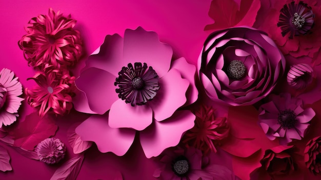 Generative AI Paper Cut Craft Blumen und Blätter Viva Magenta Color Floral Origami