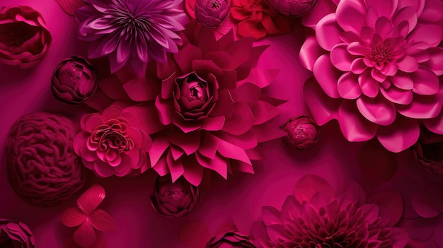 Generative AI Paper Cut Craft Blumen und Blätter Viva Magenta Color Floral Origami