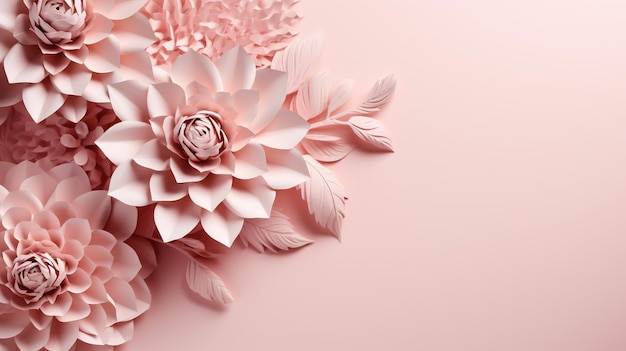 Generative AI Papier geschnittene Bastelblumen und Blätter hellrosa floraler Origami-strukturierter Hintergrund