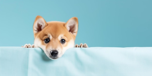 Generative AI Portrait cachorrinho shiba inu engraçado e feliz espiando por trás de uma faixa azul
