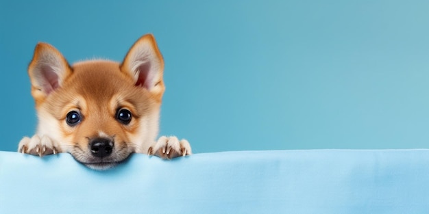 Generative AI Portrait cachorrinho shiba inu engraçado e feliz espiando por trás de uma faixa azul