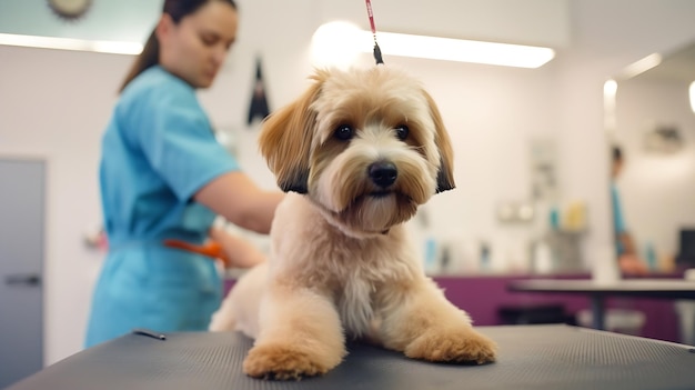 Generative AI Professional groomer cortou a pele com tesoura e aparador no pequeno sorriso do cachorro labra