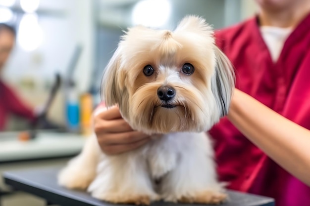 Generative AI Professioneller Hundefriseur schneidet Fell mit Schere und Haarschneidemaschine am Little Smile Dog Labra