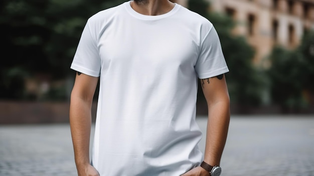 Generative AI Realistisches weißes T-Shirt-Mock-up-Mock-up-Leerzeichen für jungen Mann zur Präsentation