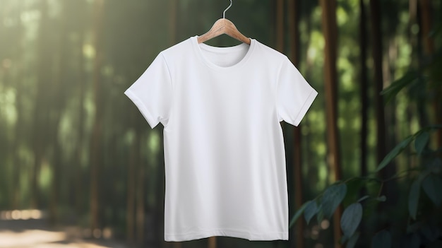 Generative AI Realistisches weißes TShirt-Attrappe leer auf Hintergrund mit Pflanzen zur Präsentation