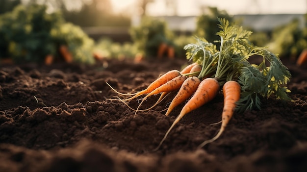 Generative AI Reihe frischer Karotten mit grünen Blättern auf dem Bodengemüse im Garten