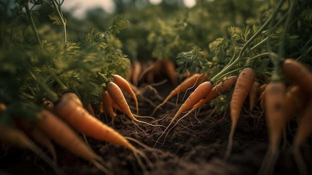 Generative AI Reihe frischer Karotten mit grünen Blättern auf dem Bodengemüse im Garten