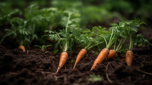 Generative AI Reihe frischer Karotten mit grünen Blättern auf dem Bodengemüse im Garten