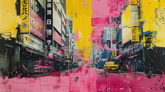 Generative AI-Retro-Grunge-Pink- und Gelb-Collage-Poster mit asiatischem Stadtbild