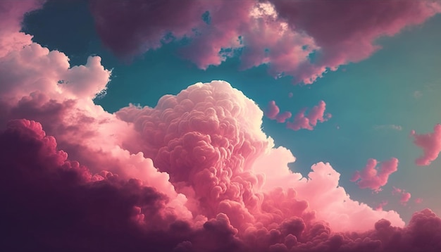 Generative AI Rosa magenta nuvens fantásticas céu e paisagem Cores suaves e com luzes brilhantes