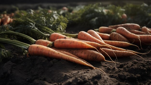 Generative AI Row de cenouras frescas com folhas verdes nos vegetais moídos no jardim